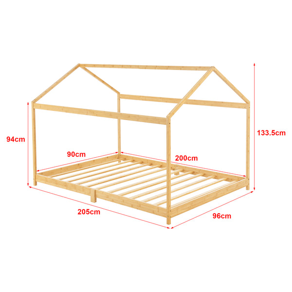Cama infantil Simple Vindafjord en forma de casa con colchón bambú en diferentes tamaños - Color natural [en.casa]