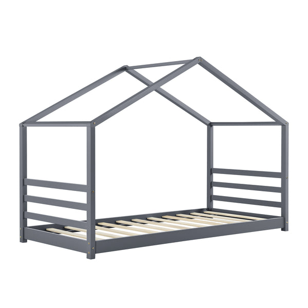 Cama para niños Vardø con somier - Forma de casa - pino 90 x 200 cm - Rosa o Gris oscuro lacado mate [en.casa]