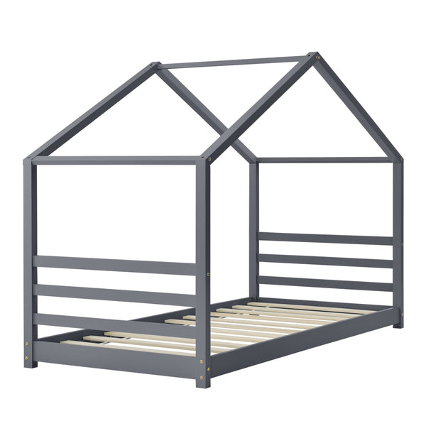 Cama para niños Vardø con somier - Forma de casa - pino 90 x 200 cm - Rosa o Gris oscuro lacado mate [en.casa]