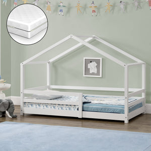 Cama para niños Knätten - Casita - con colchón ortopédico, reja y somier - pino - [en.casa]