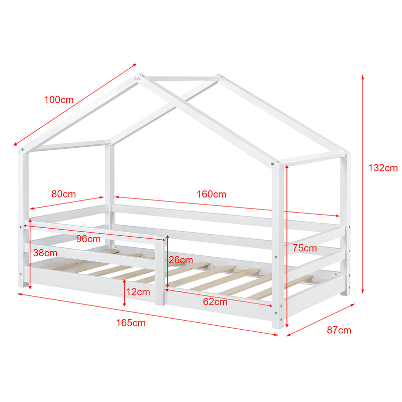 Esquema acotado Cama para niños Knätten - Casita - con colchón ortopédico, reja y somier - pino - [en.casa]