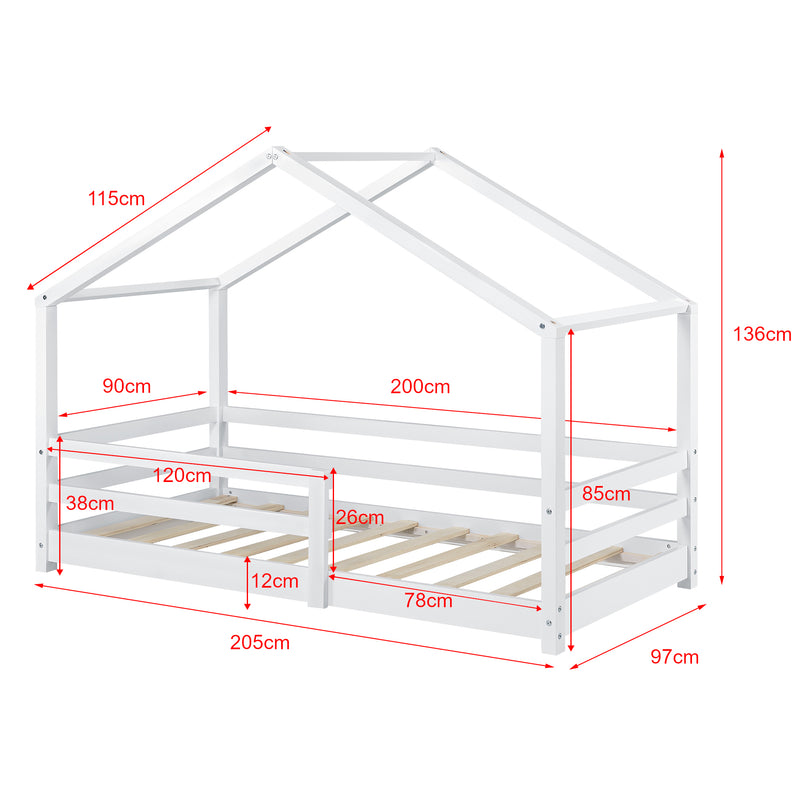 Esquema acotado Cama para niños Knätten - Casita - con colchón ortopédico, reja y somier - pino - [en.casa]