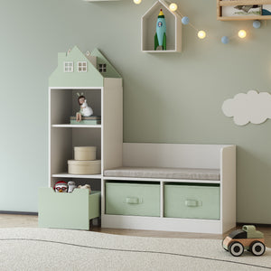 Banco para niños con estantería Vipsali 100x99x30 cm Verde menta/Blanco [en.casa]