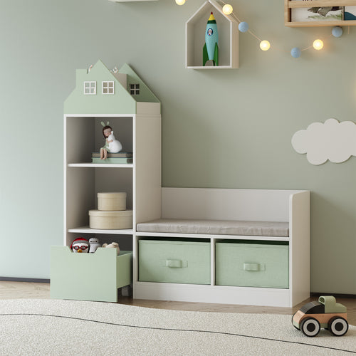 Banco para niños con estantería Vipsali 100x99x30 cm Verde menta/Blanco [en.casa]