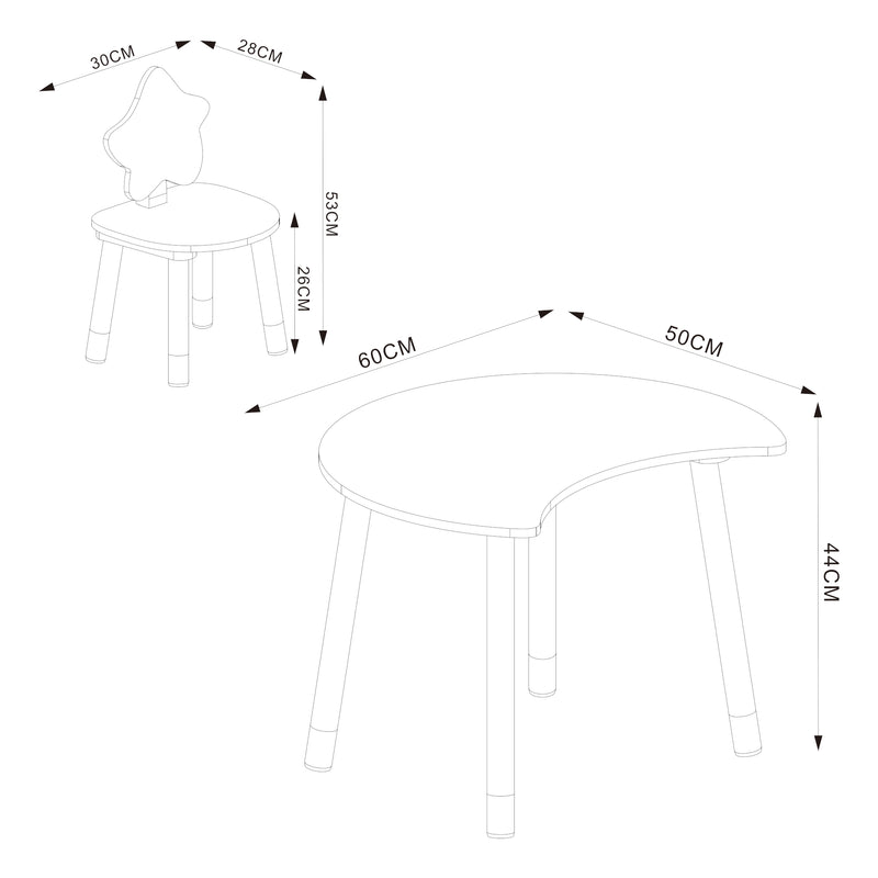 Esquema acotado Escritorio infantil con silla Lallega diseño de luna y estrellas [en.casa]