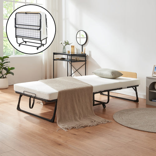 Cama plegable de metal Lustendi con colchón 200x90cm Negro/efecto roble [en.casa]