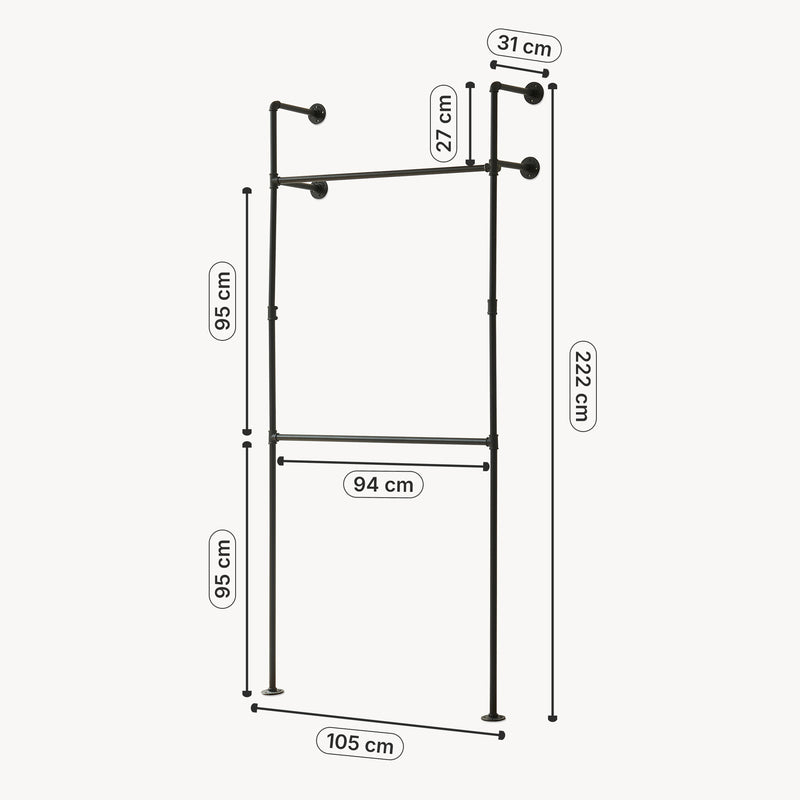 Esquema acotado Barra para colgar ropa montaje en pared Kenävatka acero negro [en.casa]
