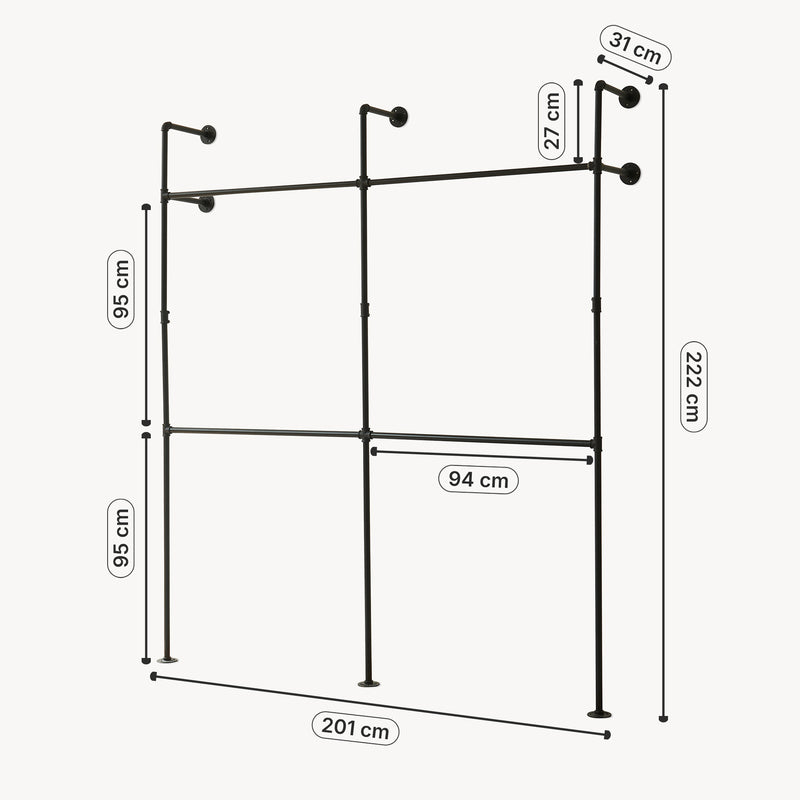 Esquema acotado Barra para colgar ropa montaje en pared Kenävatka acero negro [en.casa]