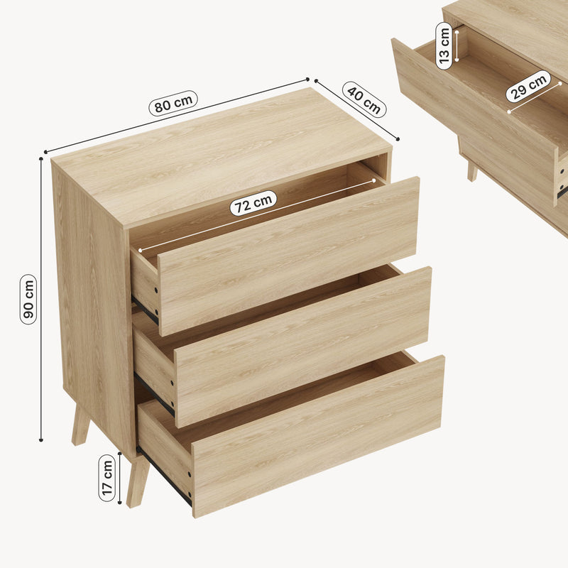 Esquema acotado Cajonera Aastmabospoo con 3 cajones MDF 90x80x40cm - [en.casa]
