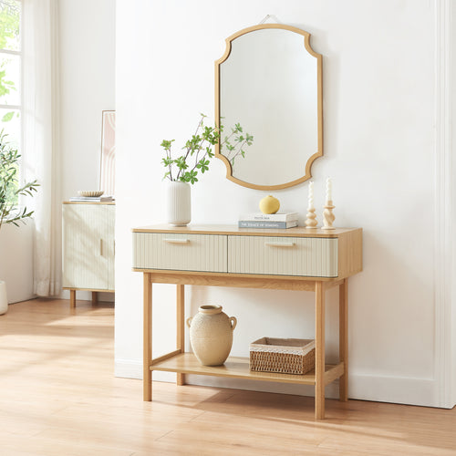 Mesa consola Ferrersp con 2 cajones 100x40x80 cm aspecto roble/color arena [en.casa]