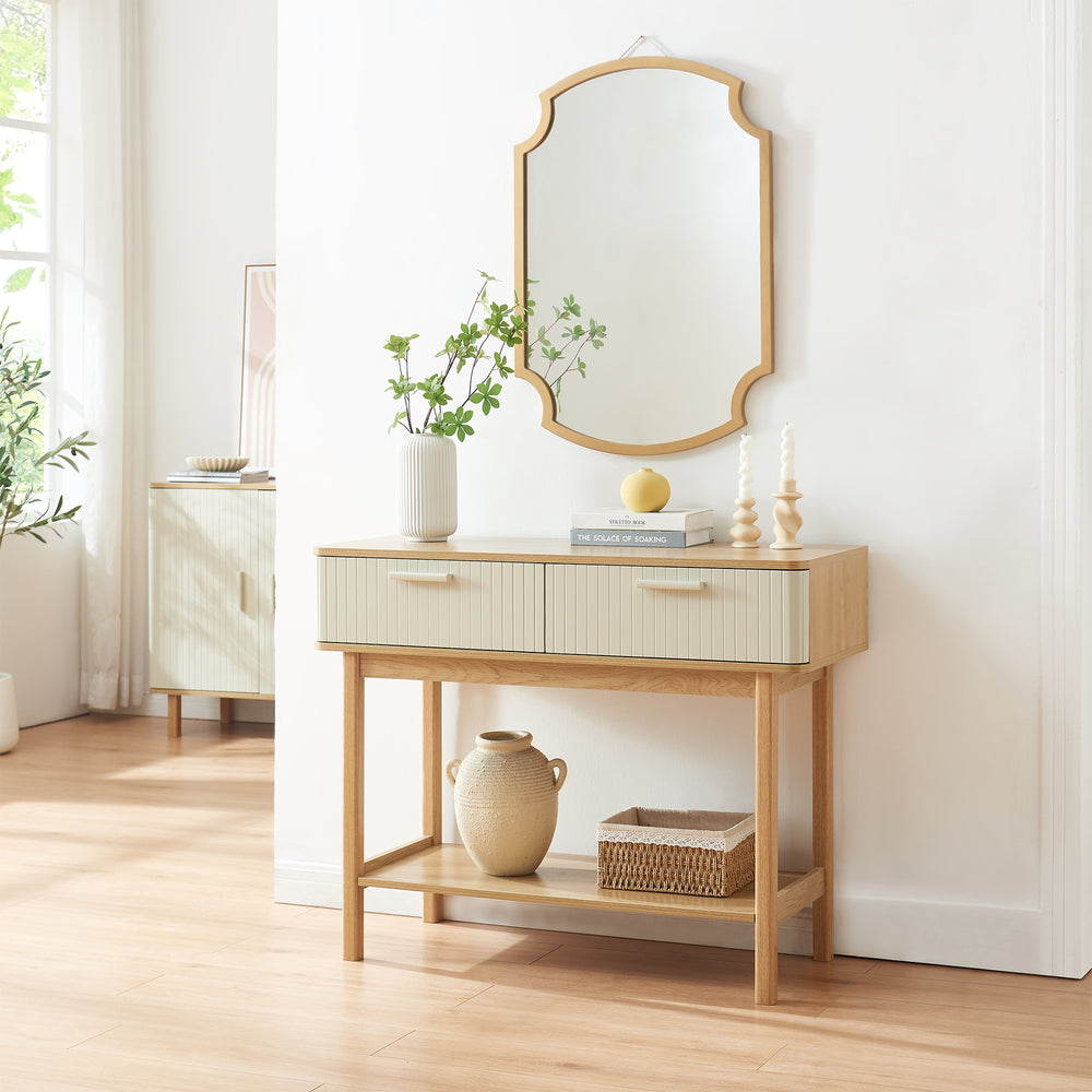 Mesa consola Ferrersp con 2 cajones 100x40x80 cm aspecto roble/color arena [en.casa]