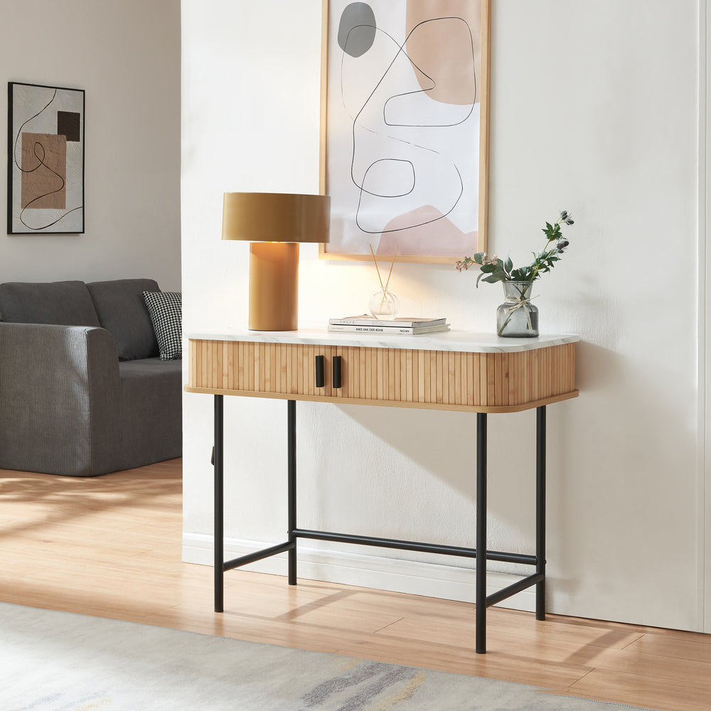 Mesa consola Tvedestrand con puertas bambú 100x50x76cm - Efecto madera[en.casa]