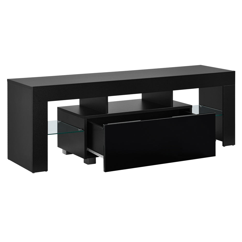 Mesa de TV LED Grimsey 130x35x45 cm con cajón estante de vidrio blanco/negro en.casa - premiumXL