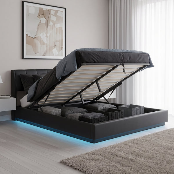 Cama tapizado LED Tröstiar con somier abatible 140/160/180x200cm [en.casa]