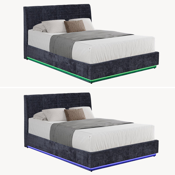 Cama tapizado LED Tröstiar con somier abatible 140/160/180x200cm [en.casa]