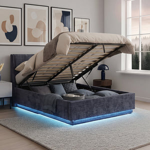 Cama tapizado LED Tröstiar con somier abatible 140/160/180x200cm [en.casa]