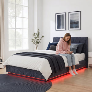 Cama tapizado LED Tröstiar con somier abatible 140/160/180x200cm [en.casa]