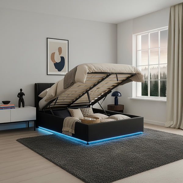 Cama tapizado LED Tröstiar con somier abatible 140/160/180x200cm [en.casa]