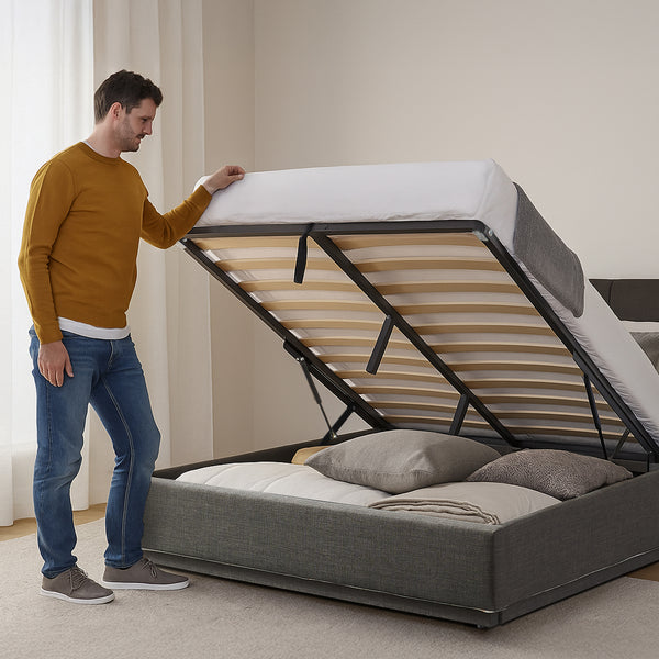 Cama tapizado LED Tröstiar con somier abatible 140/160/180x200cm [en.casa]