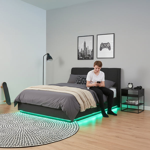 Cama tapizado LED Tröstiar con somier abatible 140/160/180x200cm [en.casa]