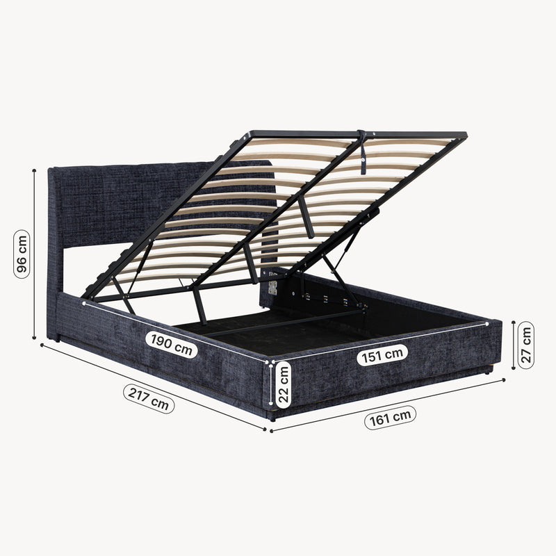Esquema acotado Cama tapizado LED Tröstiar con somier abatible 140/160/180x200cm [en.casa]