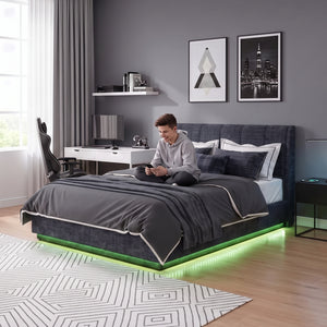 Cama tapizado LED Tröstiar con somier abatible 140/160/180x200cm [en.casa]