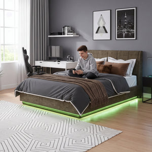 Cama tapizado LED Tröstiar con somier abatible 140/160/180x200cm [en.casa]