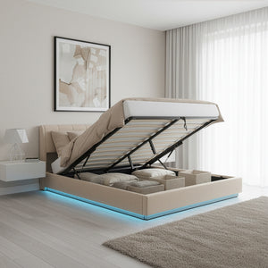 Cama tapizado LED Tröstiar con somier abatible 140/160/180x200cm [en.casa]