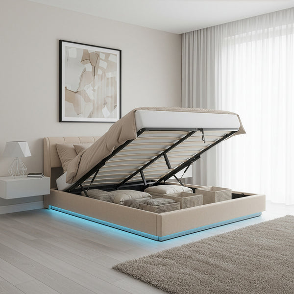 Cama tapizado LED Tröstiar con somier abatible 140/160/180x200cm [en.casa]
