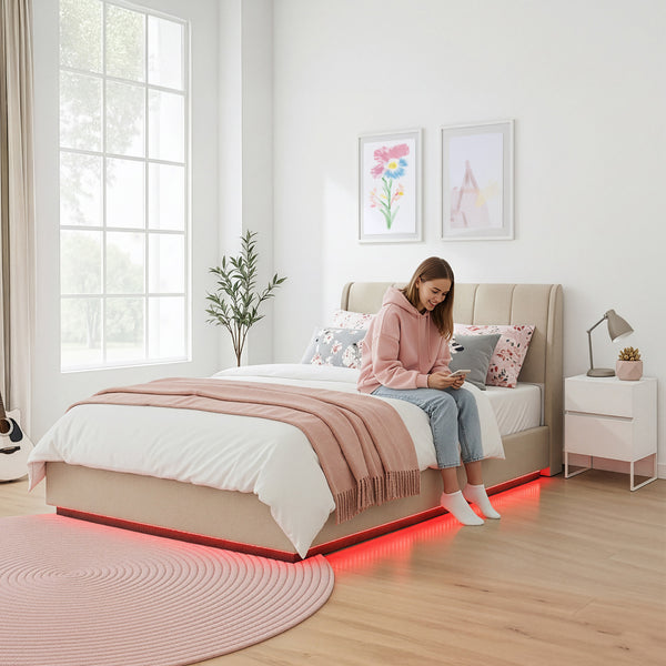 Cama tapizado LED Tröstiar con somier abatible 140/160/180x200cm [en.casa]