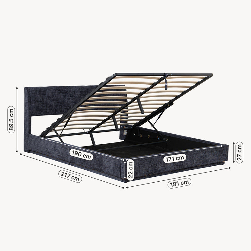 Esquema acotado Cama tapizado LED Tröstiar con somier abatible 140/160/180x200cm [en.casa]