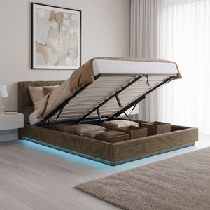 Cama tapizado LED Tröstiar con somier abatible 140/160/180x200cm [en.casa]