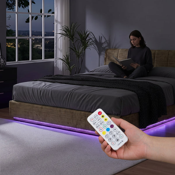 Cama tapizado LED Tröstiar con somier abatible 140/160/180x200cm [en.casa]