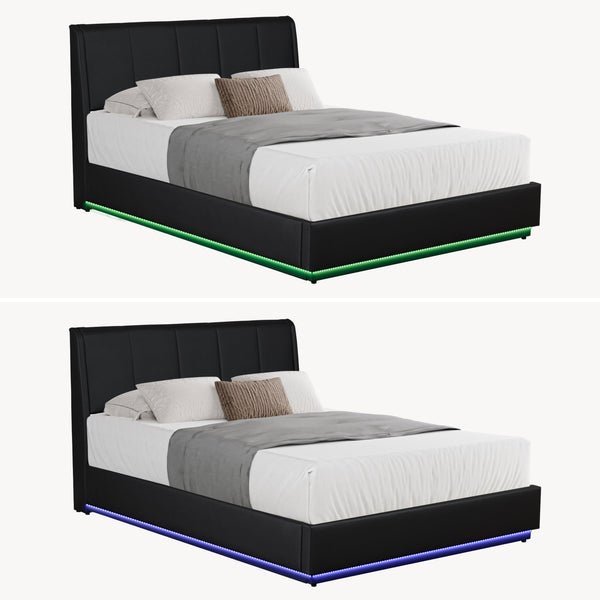 Cama tapizado LED Tröstiar con somier abatible + colchón 140/160/180x200cm [en.casa]