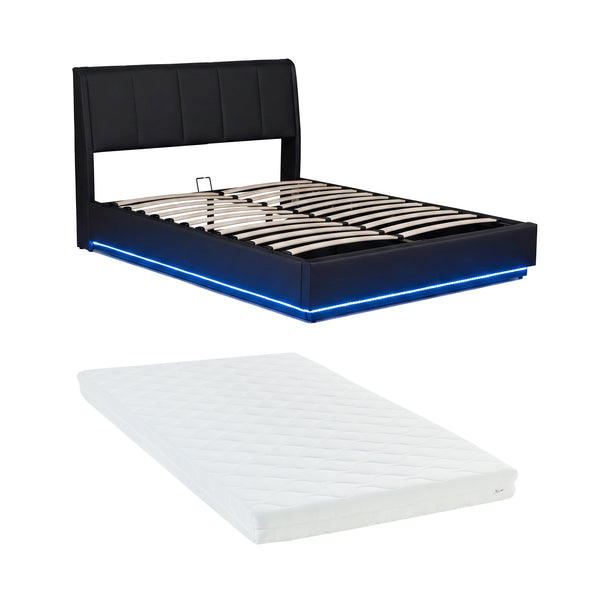 Cama tapizado LED Tröstiar con somier abatible + colchón 140/160/180x200cm [en.casa]