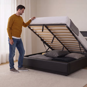 Cama tapizado LED Tröstiar con somier abatible + colchón 140/160/180x200cm [en.casa]