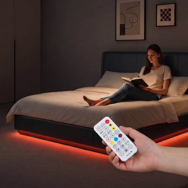 Cama tapizado LED Tröstiar con somier abatible + colchón 140/160/180x200cm [en.casa]