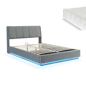 Cama tapizado LED Tröstiar con somier abatible + colchón 140/160/180x200cm [en.casa]
