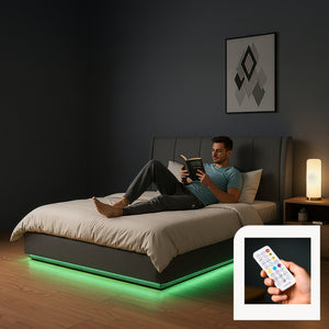Cama tapizado LED Tröstiar con somier abatible + colchón 140/160/180x200cm [en.casa]