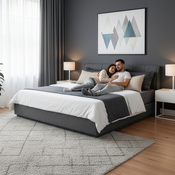 Cama tapizado LED Tröstiar con somier abatible + colchón 140/160/180x200cm [en.casa]