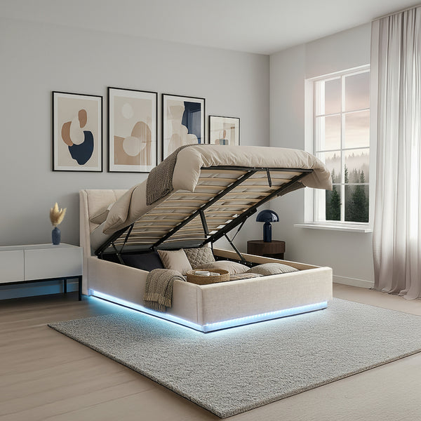 Cama tapizado LED Tröstiar con somier abatible + colchón 140/160/180x200cm [en.casa]