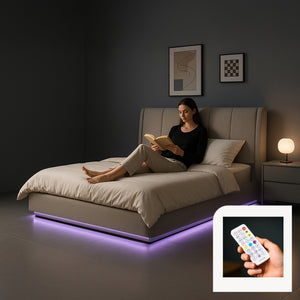 Cama tapizado LED Tröstiar con somier abatible + colchón 140/160/180x200cm [en.casa]
