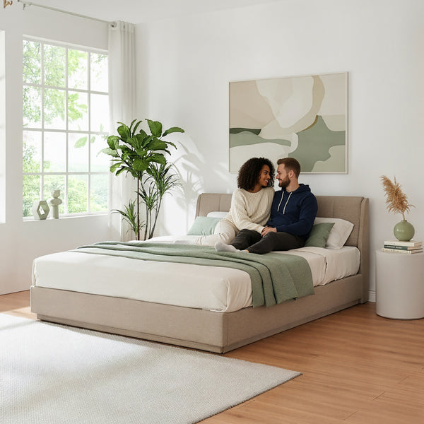 Cama tapizado LED Tröstiar con somier abatible + colchón 140/160/180x200cm [en.casa]