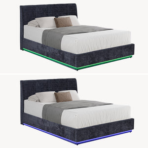 Cama tapizado LED Tröstiar con somier abatible + colchón 140/160/180x200cm [en.casa]
