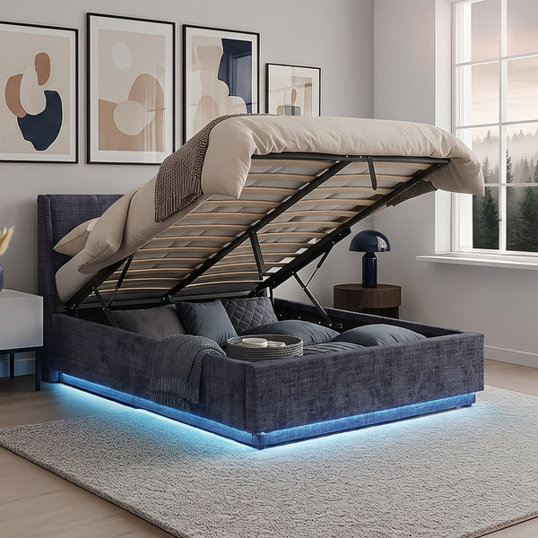 Cama tapizado LED Tröstiar con somier abatible + colchón 140/160/180x200cm [en.casa]