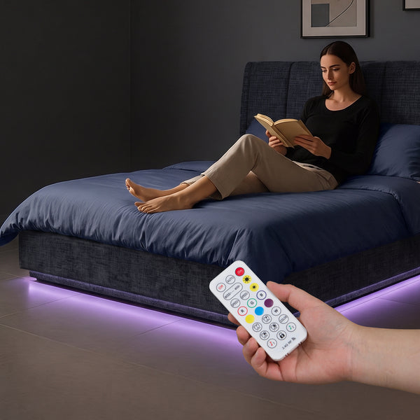 Cama tapizado LED Tröstiar con somier abatible + colchón 140/160/180x200cm [en.casa]