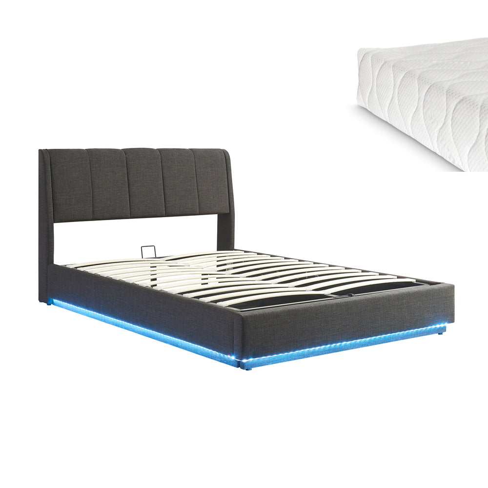 Cama tapizado LED Tröstiar con somier abatible + colchón 140/160/180x200cm [en.casa]
