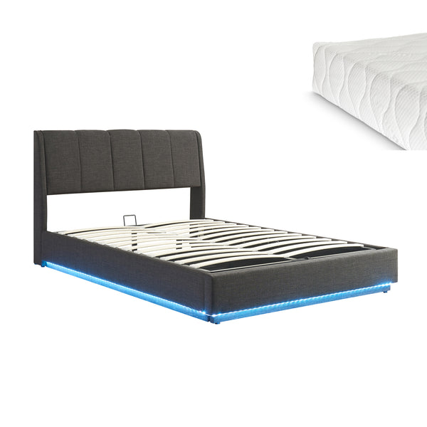 Cama tapizado LED Tröstiar con somier abatible + colchón 140/160/180x200cm [en.casa]