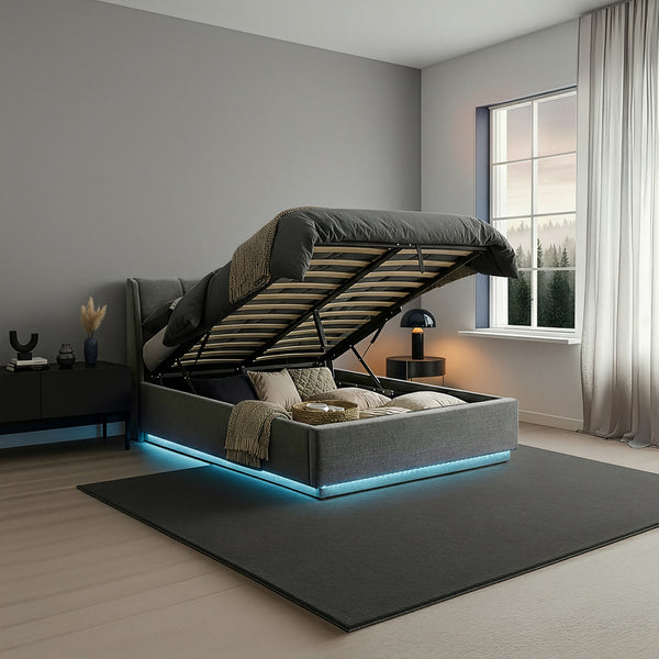Cama tapizado LED Tröstiar con somier abatible + colchón 140/160/180x200cm [en.casa]