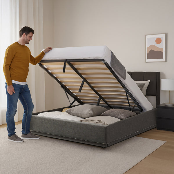 Cama tapizado LED Tröstiar con somier abatible + colchón 140/160/180x200cm [en.casa]